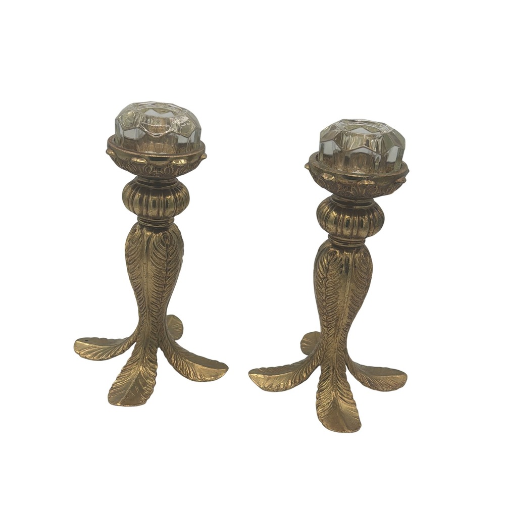 Vintage Carl Falkenstein Brass Glass Candlestick Holders Hollywood Regency 7112